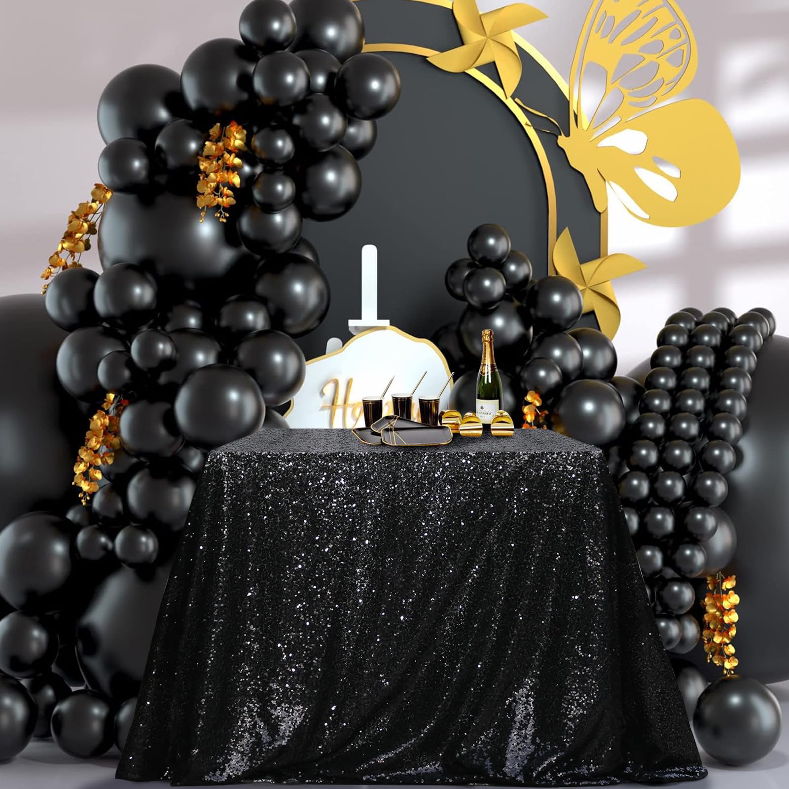 Partydelight Sequin Tablecloth, Wedding, Sweetheart, Christmas Tree, Rectangular, 48''X72'', Black